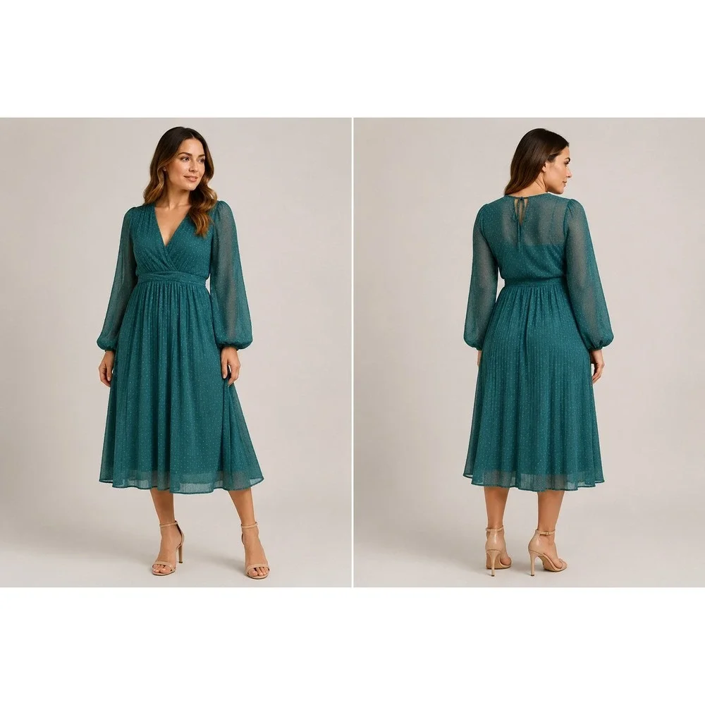 ASOS Design Maternity Dress US 8 Teal Swiss Dot Chiffon Long Sleeve Midi